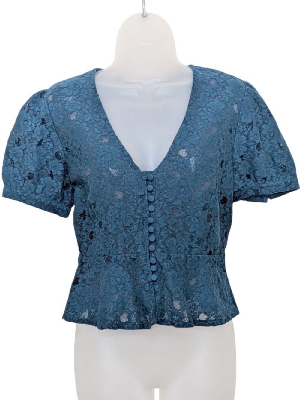 Free People Teal Lace VNeck Button Front Peplum Top | Bohemian | Chic | Coquette